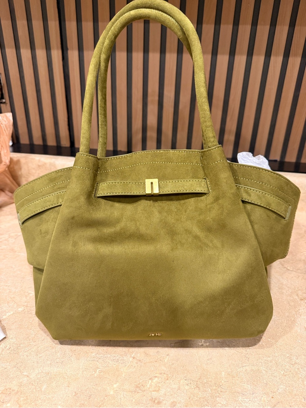 JW PEI Olive Green Suede Tote with Gold Accent